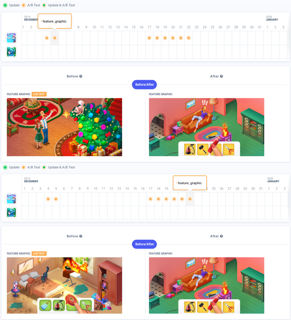 Apptweak ASO Tool: A/B test example of Gardenscapes during Christmas